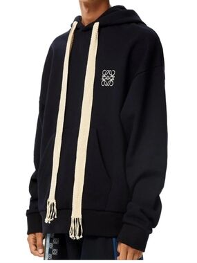 Loewe Black Pullover Hoodie with Cream Drawcords